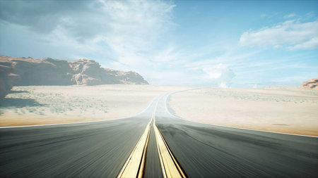 camera flight over desert highway. 3d rendering.