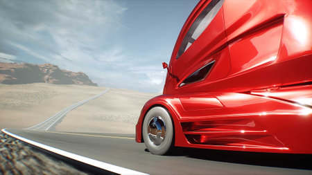 Red futuristic electric truck very fast driving on desert highway. Logistic, future concept. 3d rendering.の写真素材