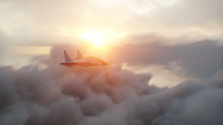 Russian military fighter jet MIG -35 flying over clouds. Air force.の写真素材