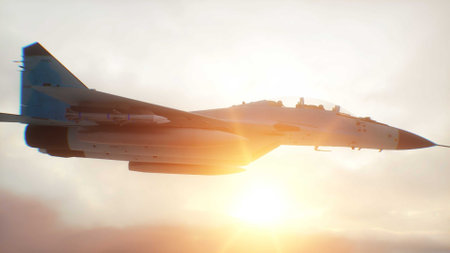 Russian military fighter jet MIG -35 flying over clouds. Air force.の写真素材