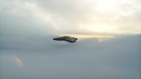 Military alien sci fi ship flying over clouds. 3d renderingの写真素材