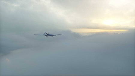 Military Drone Flying over clouds. 3d rendering.