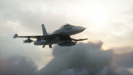 Military fighter jet F-16 flying over clouds. Air force. 3d rendering.の写真素材