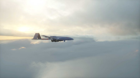 Military Drone Flying over clouds. 3d rendering.の写真素材