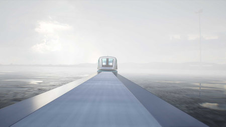 Futuristic train very fast driving on desert highway. Futuristic concept. 3d rendering.の写真素材