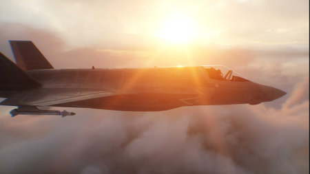Military fighter jet F-35 flying over clouds. Air force. 3d rendering.の写真素材