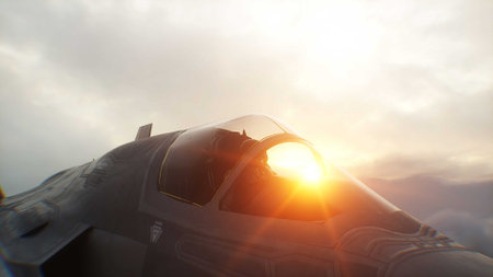 Military fighter jet F-35 flying over clouds. Air force. 3d rendering.の写真素材