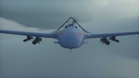 Military Drone Flying over clouds. 3d rendering.の写真素材
