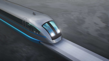 Futuristic train very fast driving on a stone highway. Futuristic concept. 3d rendering.の写真素材