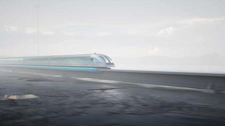 Futuristic train very fast driving on stone highway. Futuristic concept. 3d rendering.の写真素材