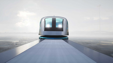 Futuristic train very fast driving on desert stones. Futuristic concept. 3d rendering.の写真素材