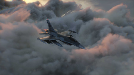 Military fighter jet F-16 flying over clouds. Air force. 3d rendering.の写真素材