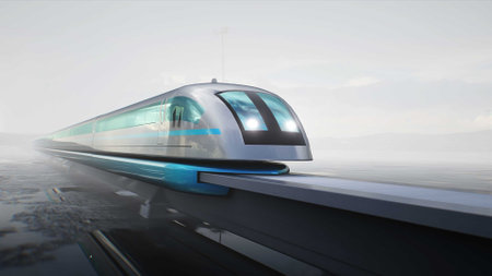 Futuristic train very fast driving on desert highway. Futuristic concept. 3d rendering.の写真素材