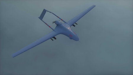 Military Drone Flying over clouds. 3d rendering.の写真素材