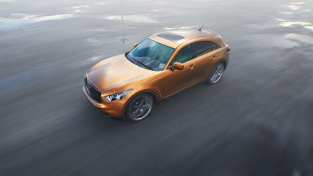 Luxury suv car very fast driving on desert stone highway. Business concept. 3d rendering.の写真素材