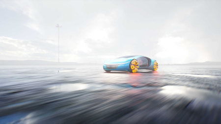 Futuristic electric car very fast driving on desert stone highway. Futuristic concept. 3d rendering.の写真素材