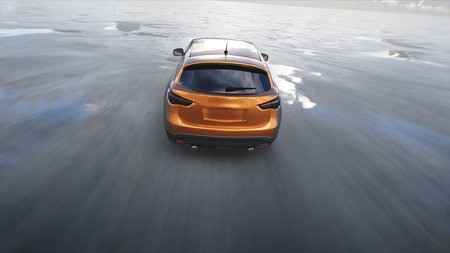 Luxury suv car very fast driving on desert stone highway. Business concept. 3d rendering.