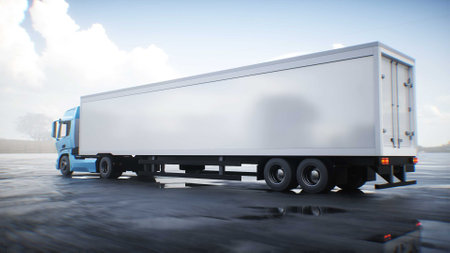 Truck driving on a desert stone highway. 3d rendering.の写真素材