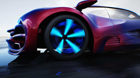 Futuristic electric car very fast driving on desert stone highway. Futuristic concept. 3d renderingの写真素材