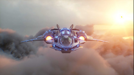 Military alien sci fi ship flying over clouds.3d rendering.の写真素材
