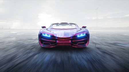 Futuristic electric car driving fast on a desert stone highway. Futuristic concept. 3d renderingの写真素材