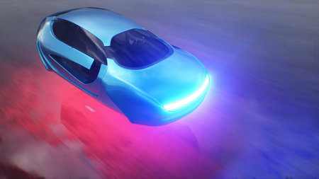 Futuristic flying car very fast driving on desert stone highway. Futuristic concept. 3d rendering.の写真素材