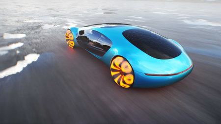Futuristic electric car very fast driving on desert stone highway. Futuristic concept. 3d rendering.の写真素材