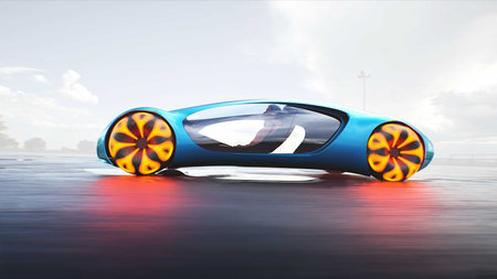 Futuristic electric car very fast driving on desert stone highway. Futuristic concept. 3d rendering.