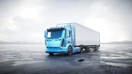 Cargo truck driving on desert stone highway. 3d rendering.の写真素材