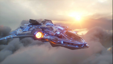 Military alien sci fi ship flying over clouds.3d rendering.の写真素材