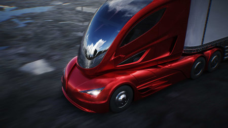 Futuristic electric cargo semi truck very fast driving on desert stone highway. Futuristic concept. 3d rendering.の写真素材