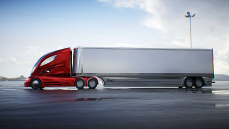 Futuristic electric cargo semi truck very fast driving on desert stone highway. Futuristic concept. 3d rendering.の写真素材