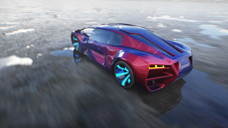 Futuristic electric car very fast driving on desert stone highway. Futuristic concept. 3d renderingの写真素材