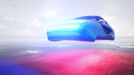 Futuristic flying car driving very fast on desert stone highway. Futuristic concept. 3d rendering.の写真素材