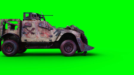 zombie car drives and hits zombies. Apocalyptic concept. Green screen isolate. 3d rendering.の写真素材
