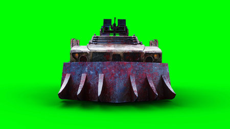 Vehicle drives and hits obstacles. Apocalyptic concept. Green screen isolate. 3d rendering.の写真素材