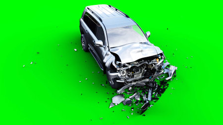 Generic 3d car crash test. Car destruction. Green screen isolate. 3 rendering,の写真素材