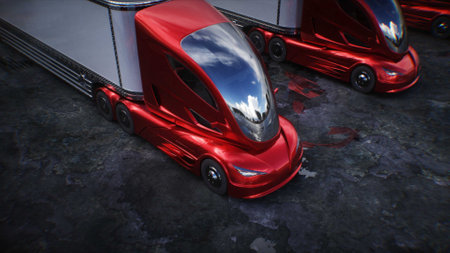 Futuristic electric cargo semi truck in desert stone highway. Futuristic concept. 3d rendering.の写真素材