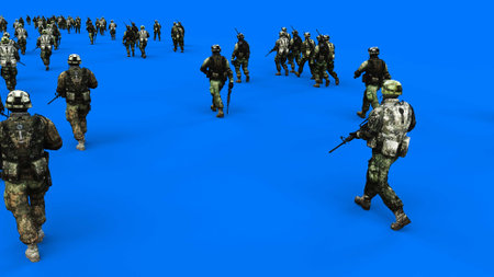 a crowd of walking soldiers with weapons. green screen. War, conflict concept. 3d renderingの写真素材