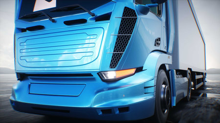 Cargo truck driving on desert stone highway. 3d rendering.の写真素材