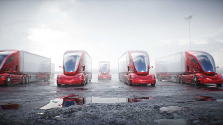 Futuristic electric cargo semi truck in desert stone highway. Futuristic concept. 3d rendering.の写真素材