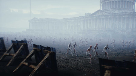 USA, America apocalypse. Zombie walks near Capitol, crowd of zombies. 3d rendering.の写真素材