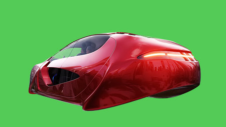 Futuristic flying red car. realistic dynamic reflections on the car body. green screen isolate. 3d rendering.の写真素材