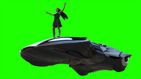 Flying futuristic car and a woman with hair blowing in the wind. reflections on the car body. green screen isolate. 3d rendering.の写真素材