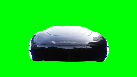 Futuristic, electric black car driving fast. realistic dynamic reflections on the car body. green screen isolate. 3d rendering.の写真素材