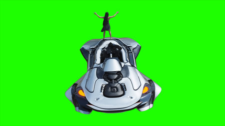 Flying futuristic car and a woman with hair blowing in the wind. reflections on the car body. green screen isolate. 3d rendering.の写真素材