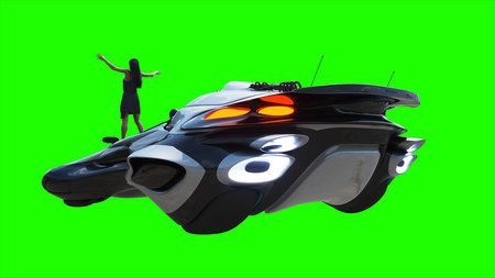 Flying futuristic car and a woman with hair blowing in the wind. reflections on the car body. green screen isolate. 3d rendering.の写真素材