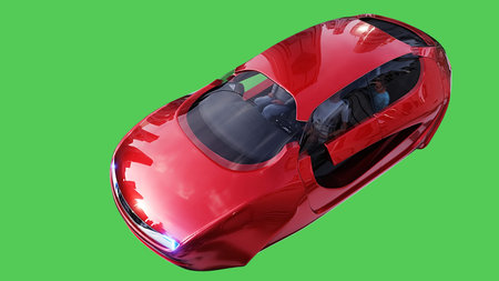Futuristic flying red car. realistic dynamic reflections on the car body. green screen isolate. 3d rendering.の写真素材
