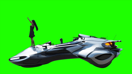 Flying futuristic car and a woman with hair blowing in the wind. reflections on the car body. green screen isolate. 3d rendering.の写真素材