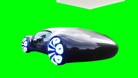 Futuristic, electric black car driving fast. realistic dynamic reflections on the car body. green screen isolate. 3d rendering.の写真素材